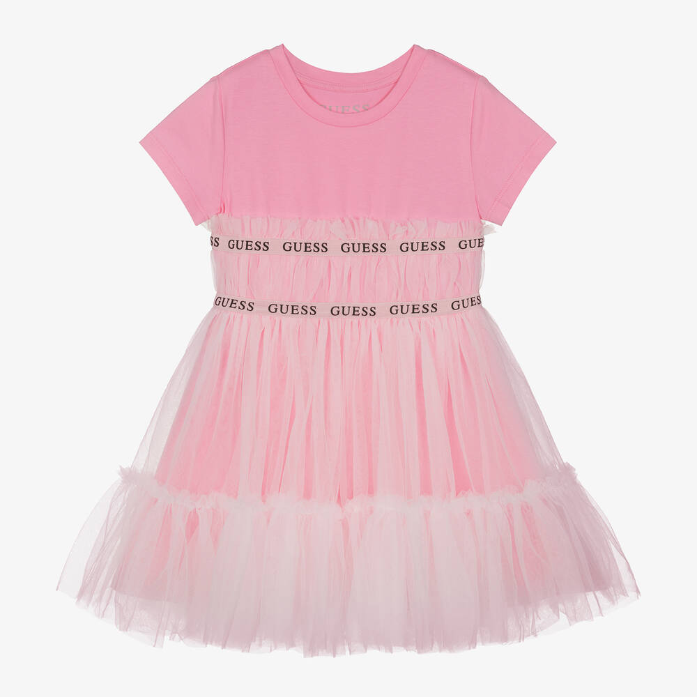 Guess - Розовое платье из хлопка и тюля для девочек | Childrensalon