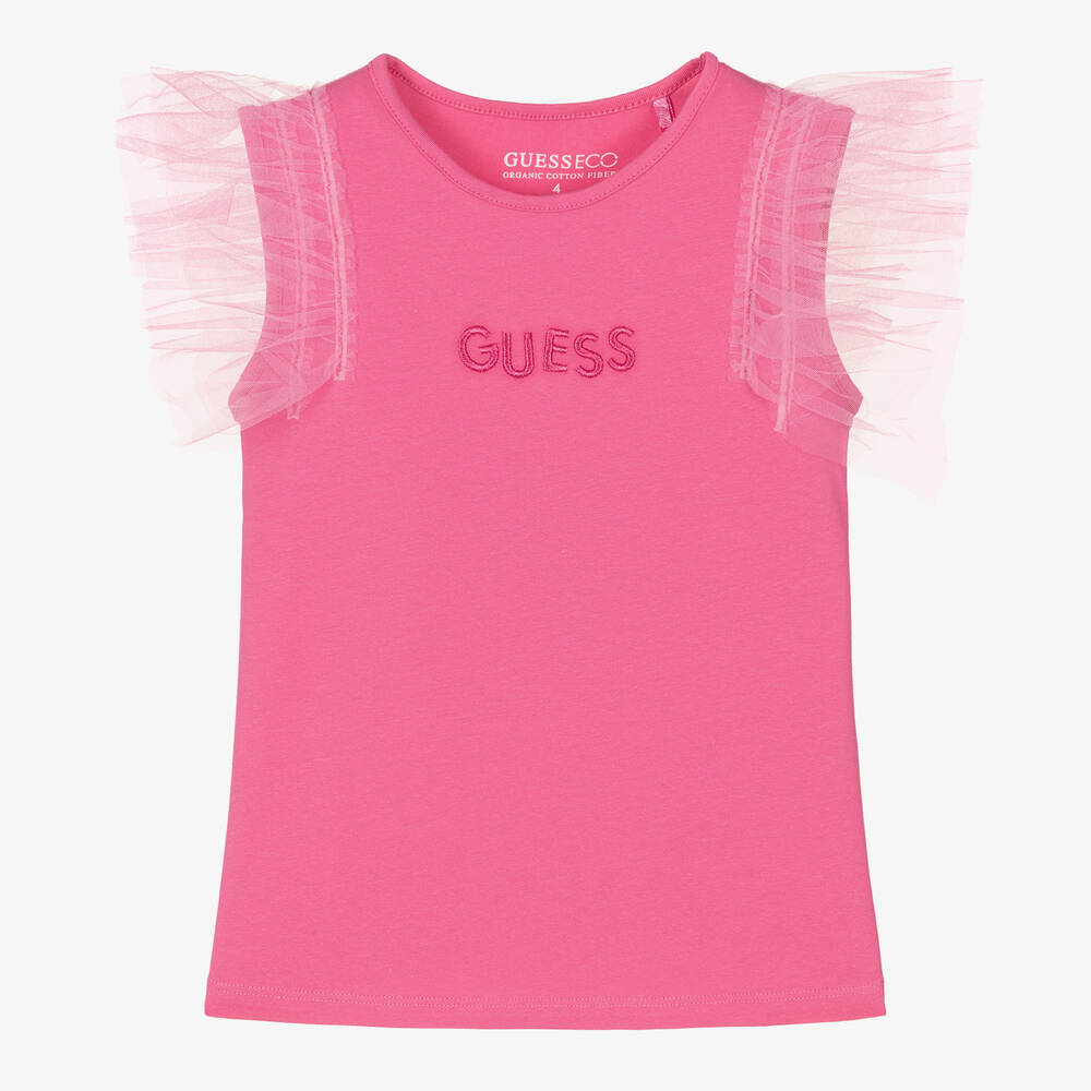 Guess - Girls Pink Cotton Tulle Sleeve T-Shirt | Childrensalon
