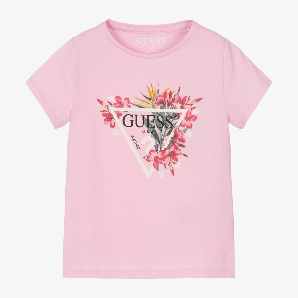 Shop Guess Girls Pink Floral Cotton T-shirt