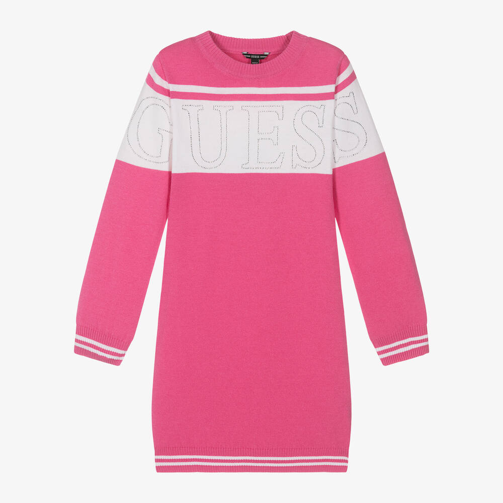 Guess - Girls Pink Knitted Diamanté Logo Dress | Childrensalon