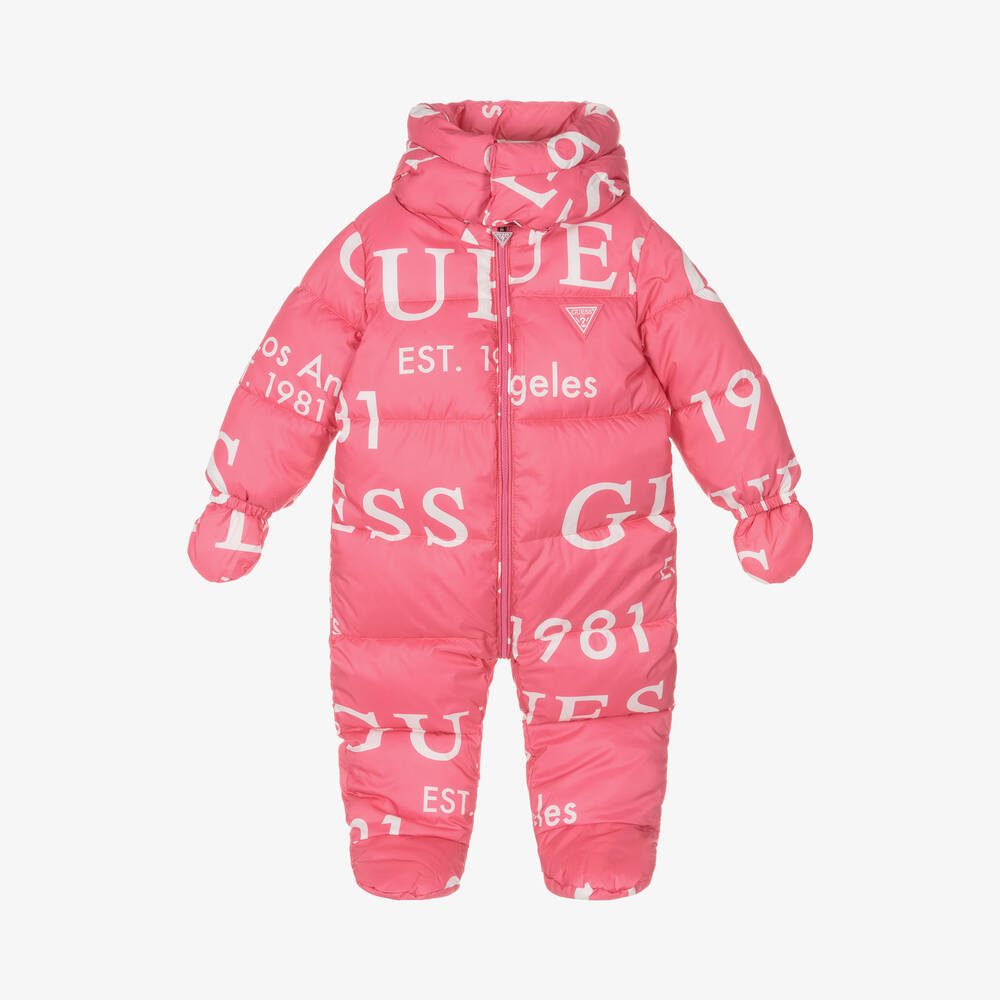 Guess - Girls Pink Logo Print Snowsuit | Childrensalon