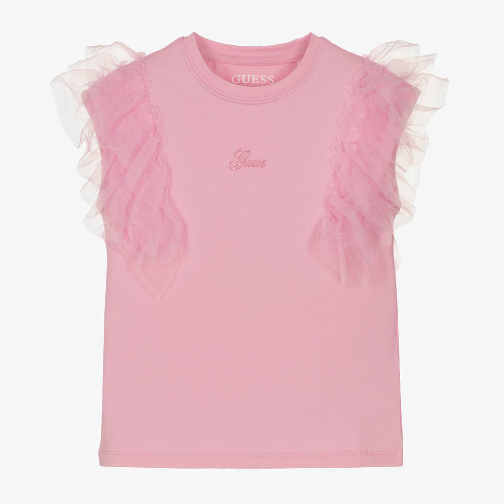 Guess - T-shirt rose en coton bio et tulle | Childrensalon