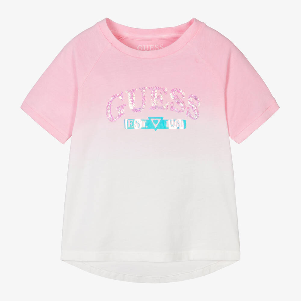 Guess - T-shirt rose en coton à sequins fille | Childrensalon