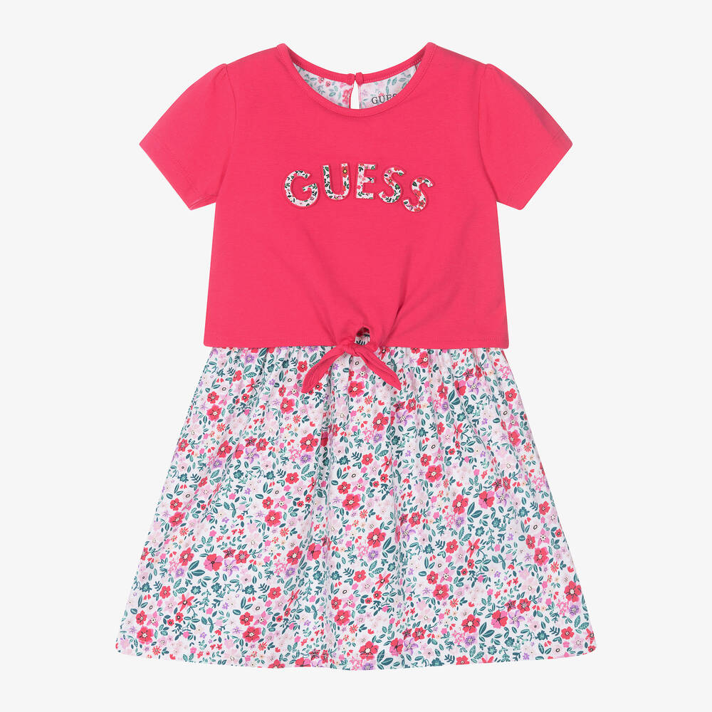 Guess - فستان قطن جيرسي لون زهري وأبيض بطبعة ورود | Childrensalon