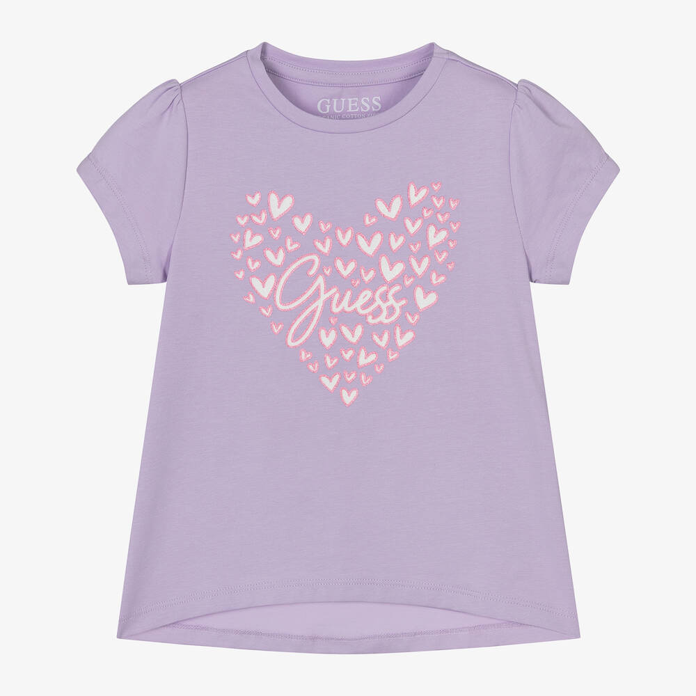 Guess - Girls Purple Cotton Hearts T-Shirt | Childrensalon