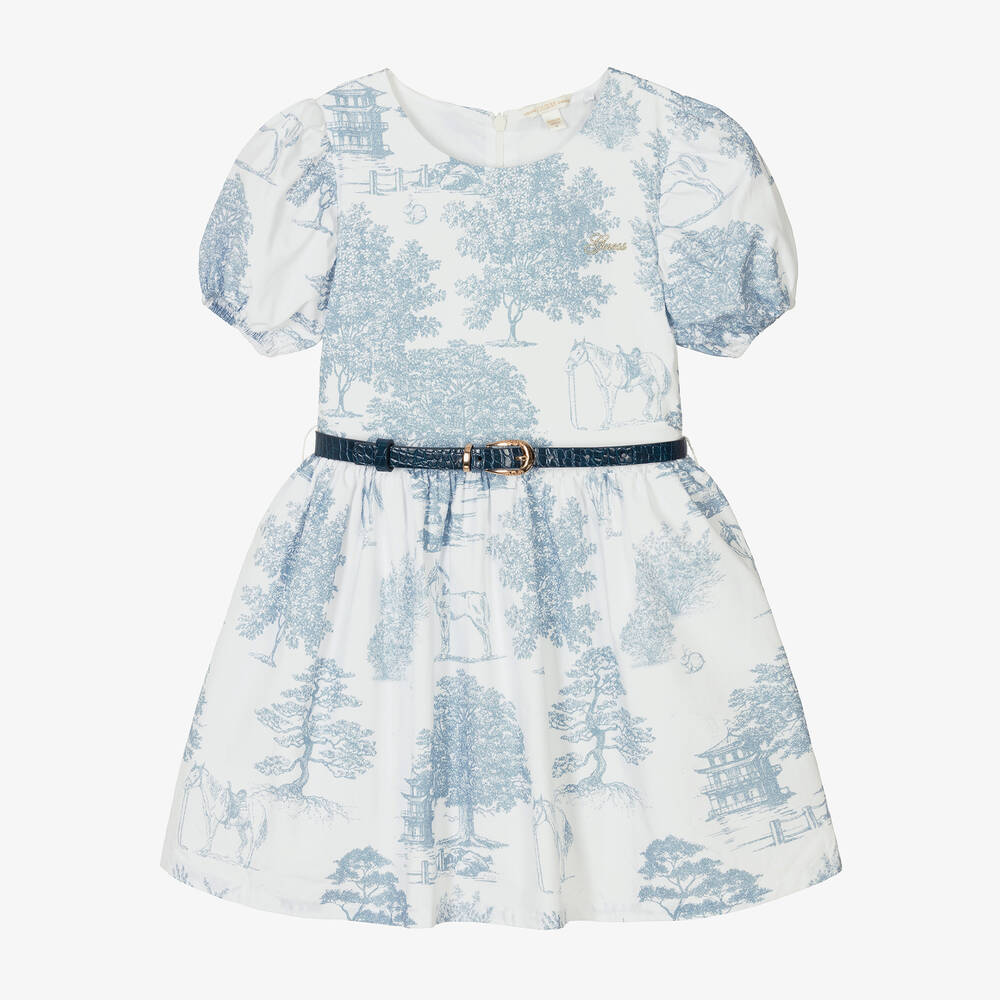 Guess - Girls White & Blue Cotton Dress | Childrensalon