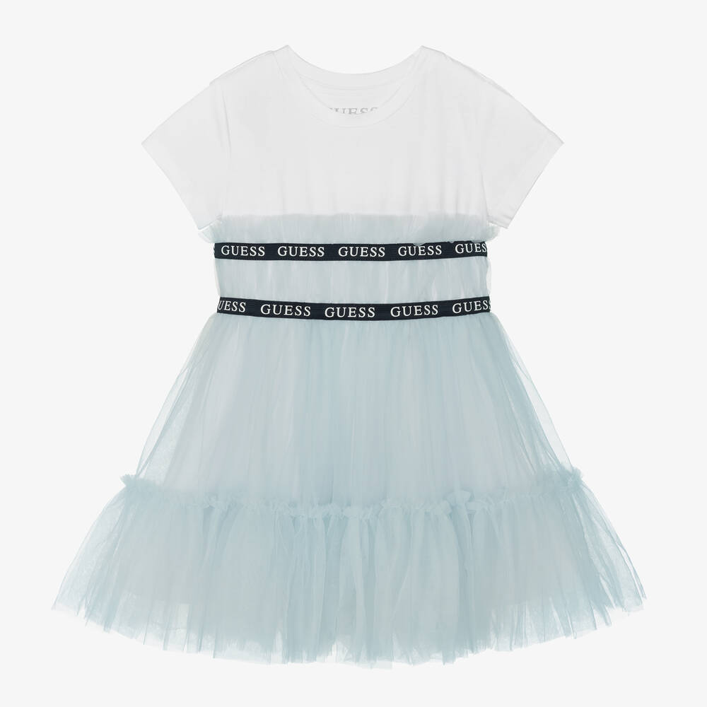 Guess - Girls White & Blue Cotton & Tulle Dress | Childrensalon