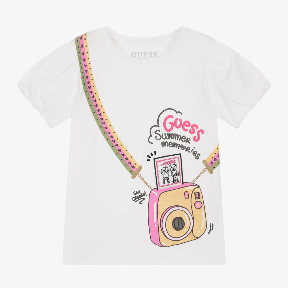 Guess - Girls White Cotton Camera T-Shirt | Childrensalon