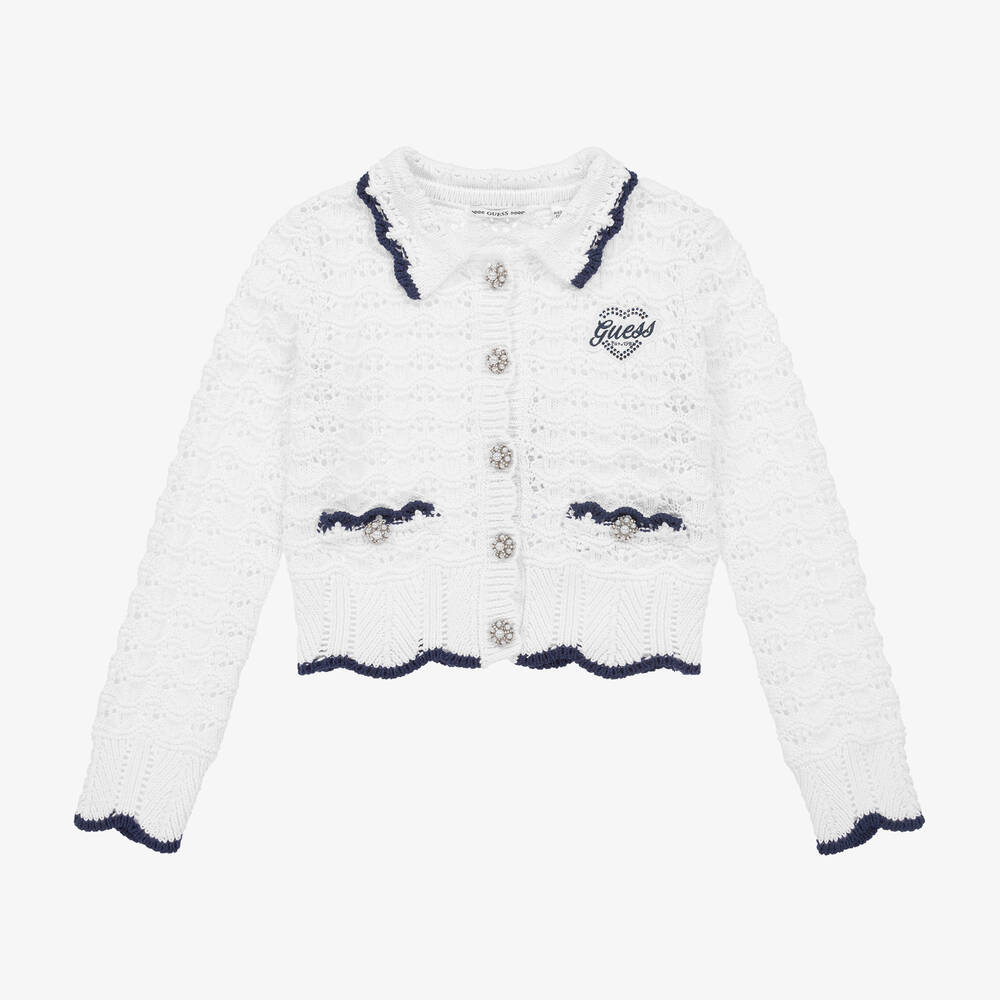 Guess - Girls White Cotton Crochet Cardigan | Childrensalon