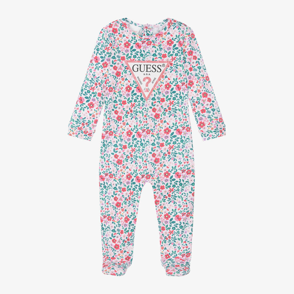 Guess Girls White Cotton Floral Babygrow In Pink