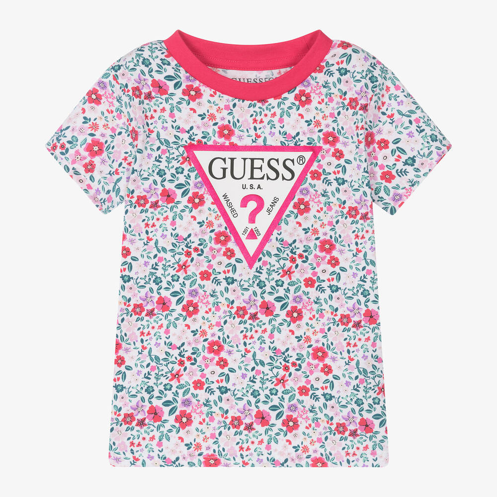 Guess Babies' Girls White Cotton Floral T-shirt In Pink