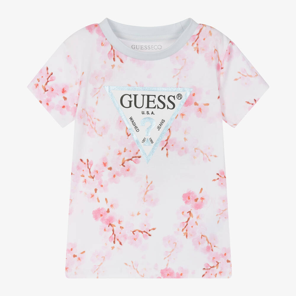 Guess - T-shirt blanc en coton à fleurs | Childrensalon
