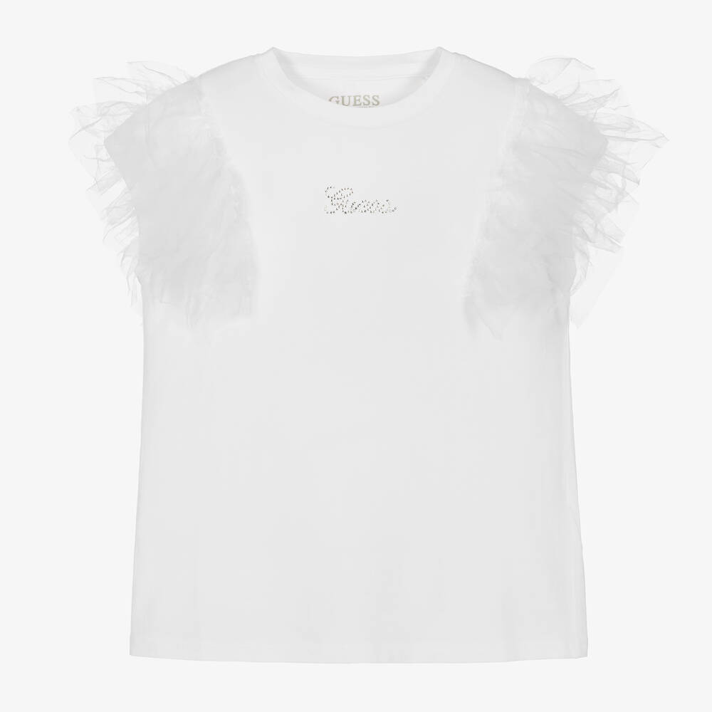 Guess - Girls White Cotton Frilled T-Shirt  | Childrensalon