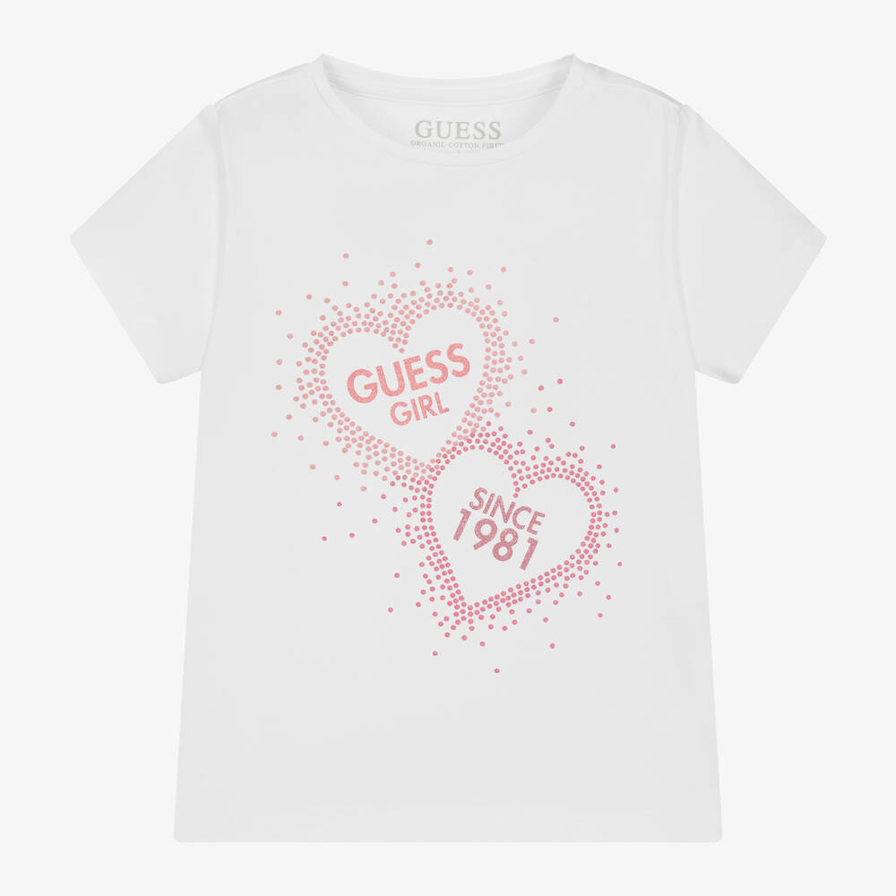 Guess - Girls White Cotton Heart T-Shirt | Childrensalon