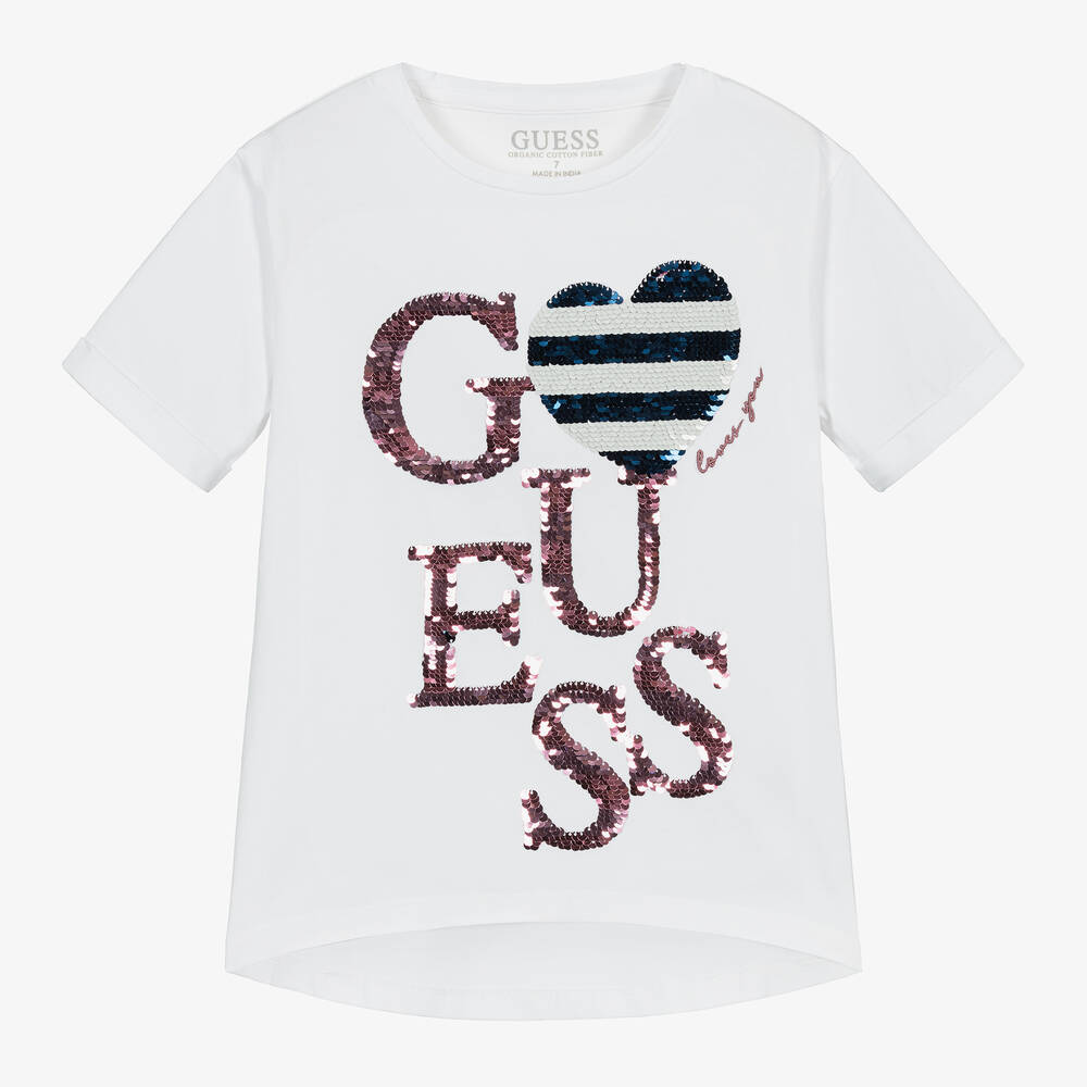 Guess - Girls White Cotton Sequin T-Shirt | Childrensalon