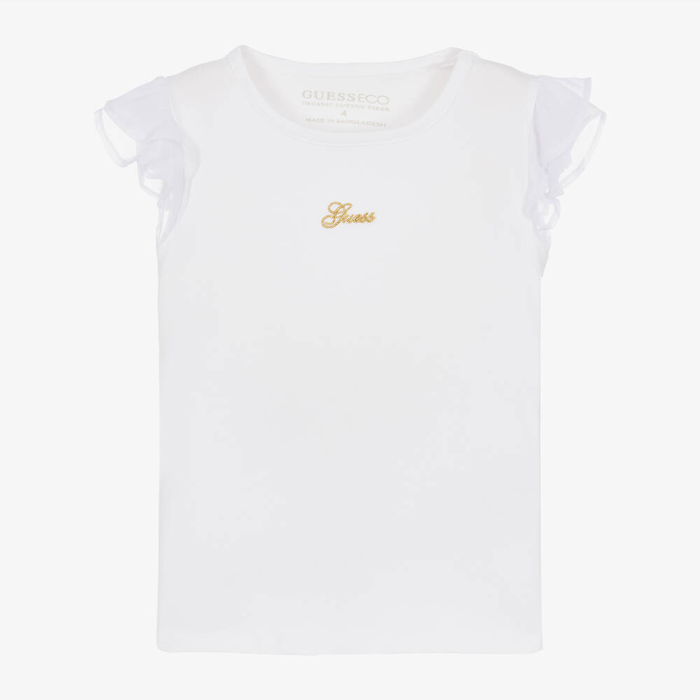 Guess - Girls White Cotton T-Shirt | Childrensalon