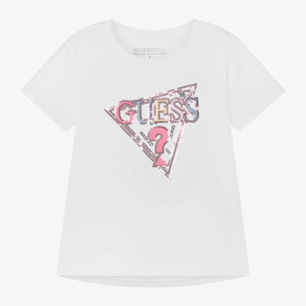 Guess - Girls White Cotton T-Shirt | Childrensalon