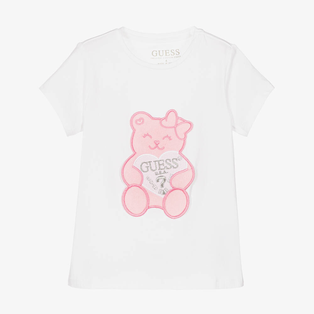 Guess - Girls White Cotton Teddy Bear T-Shirt | Childrensalon