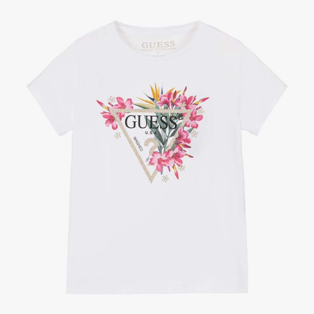 Guess - Girls White Floral Cotton T-Shirt | Childrensalon