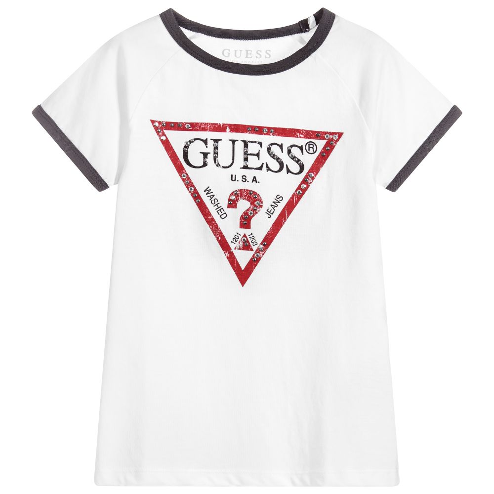 Guess - Girls White Logo Beads T-Shirt | Childrensalon