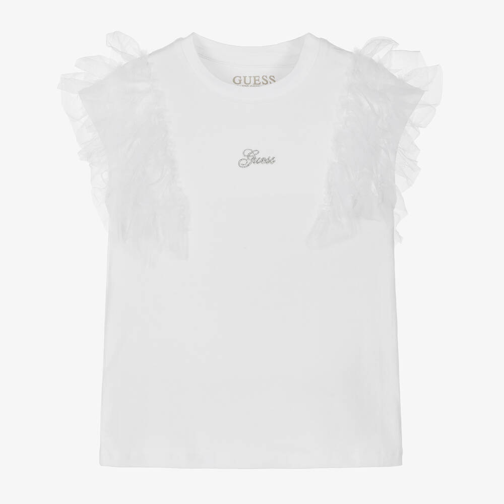 Guess - T-shirt blanc en coton bio et tulle | Childrensalon
