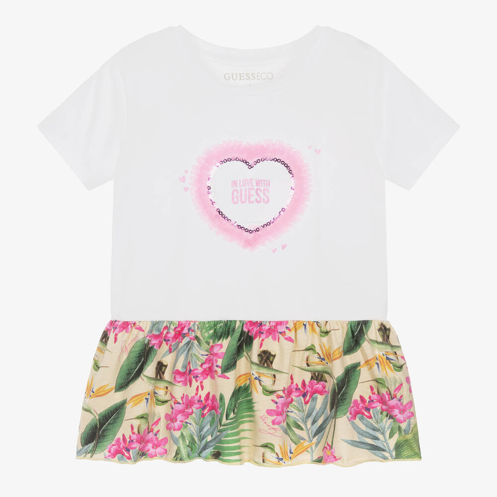 Guess - Girls White & Sequin Heart Cotton T-Shirt | Childrensalon