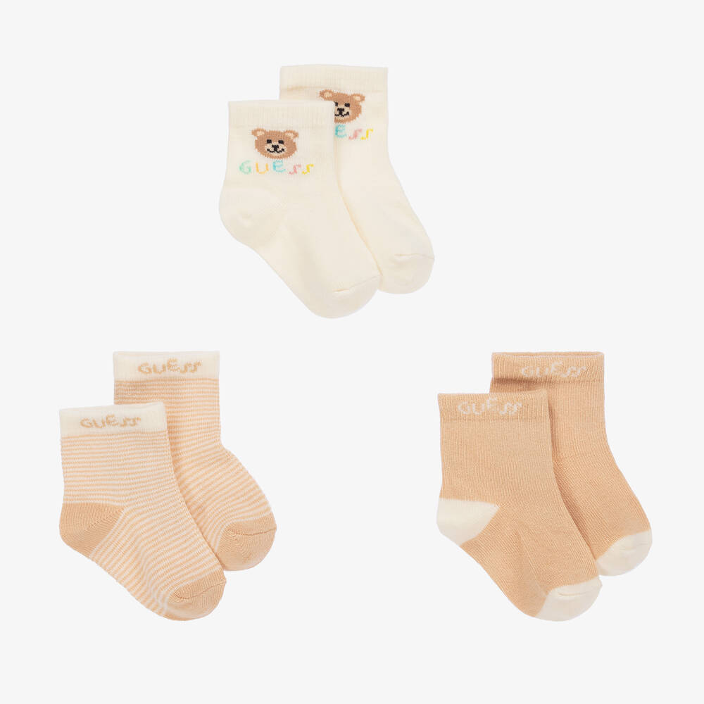 Guess - Ivory & Beige Teddy Bear Socks (3 Pack) | Childrensalon