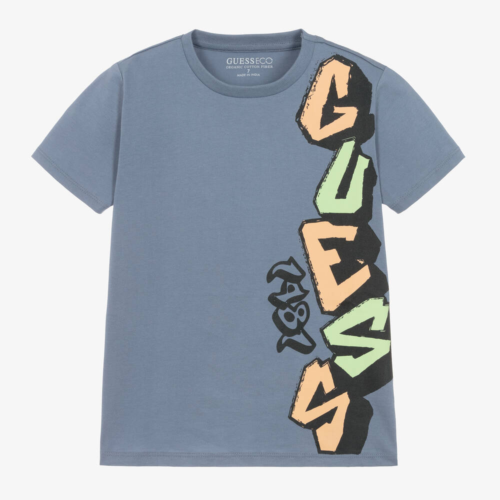 Guess - Junior Boys Blue Cotton Graffiti T-Shirt | Childrensalon