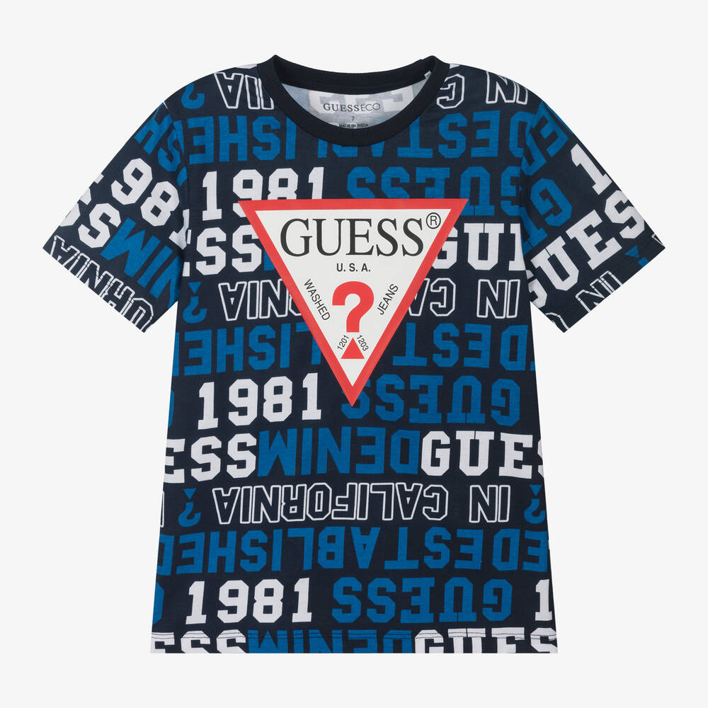 Guess - Junior Boys Blue Cotton Letter T-Shirt | Childrensalon