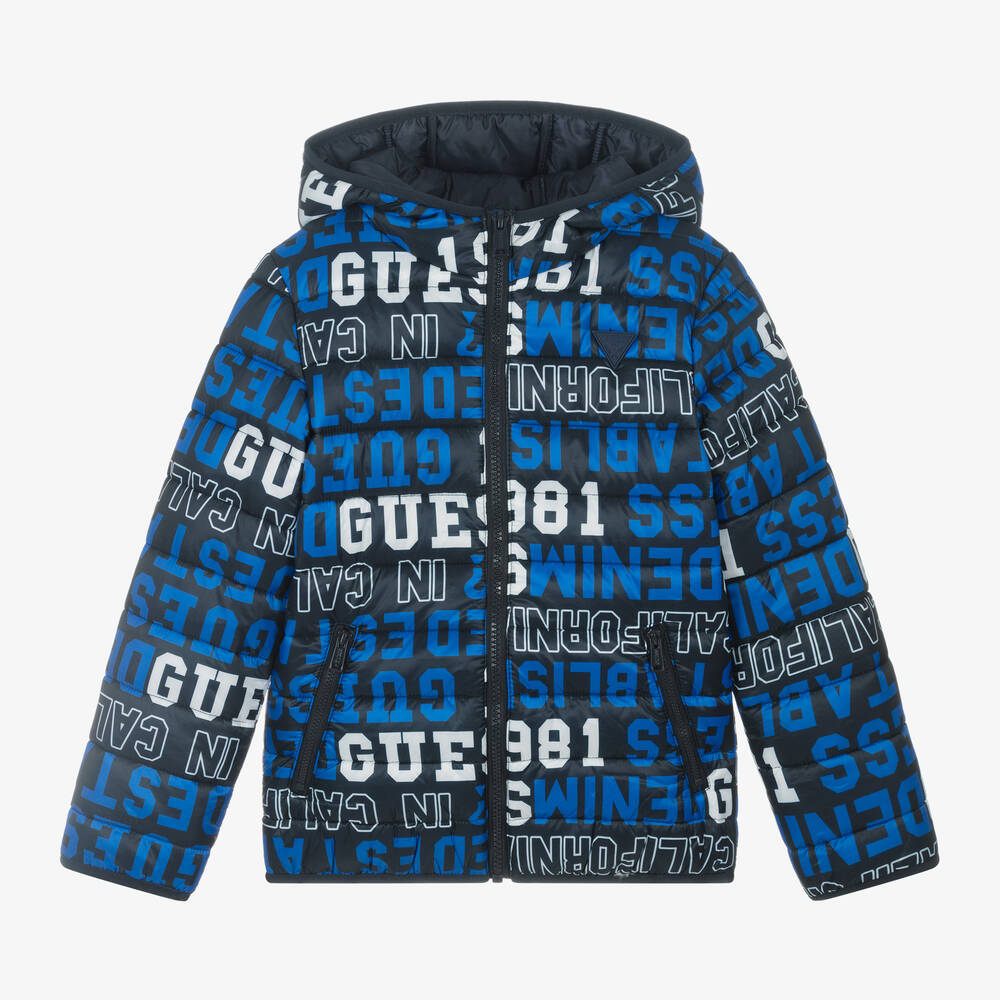 Guess - Junior Boys Navy Blue Hooded Puffer Jacket | Childrensalon