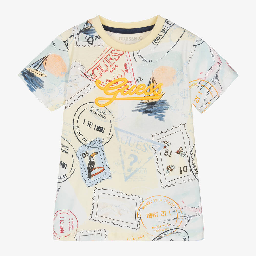 Guess - Junior Boys Pastel Yellow Graphic Cotton T-Shirt | Childrensalon