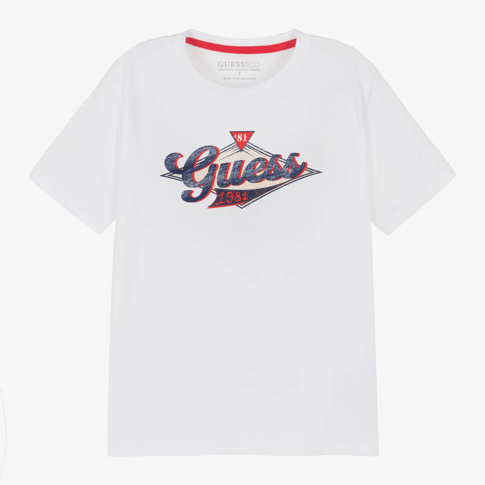 Guess - Junior Boys White Cotton T-Shirt | Childrensalon