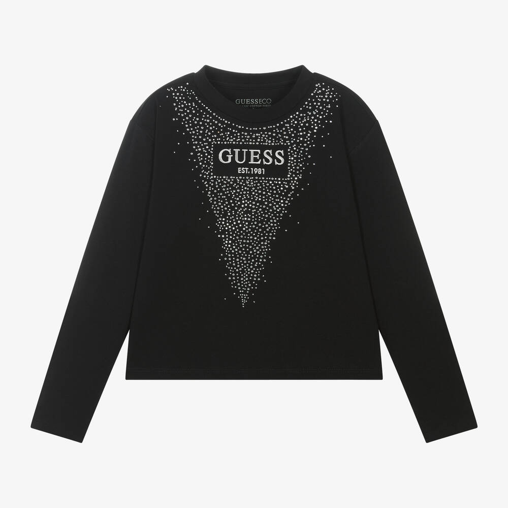 Guess - Junior Girls Black Cotton Diamanté Top | Childrensalon