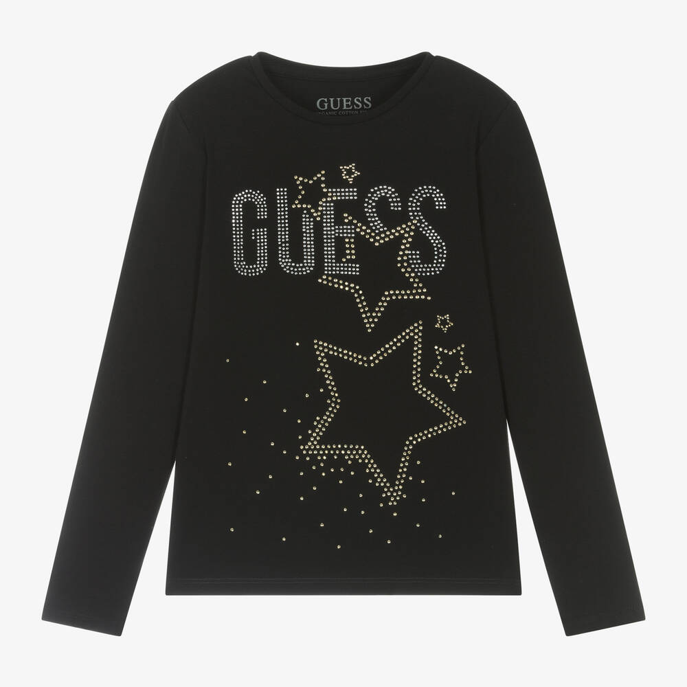 Guess - Junior Girls Black Cotton Diamanté Top | Childrensalon