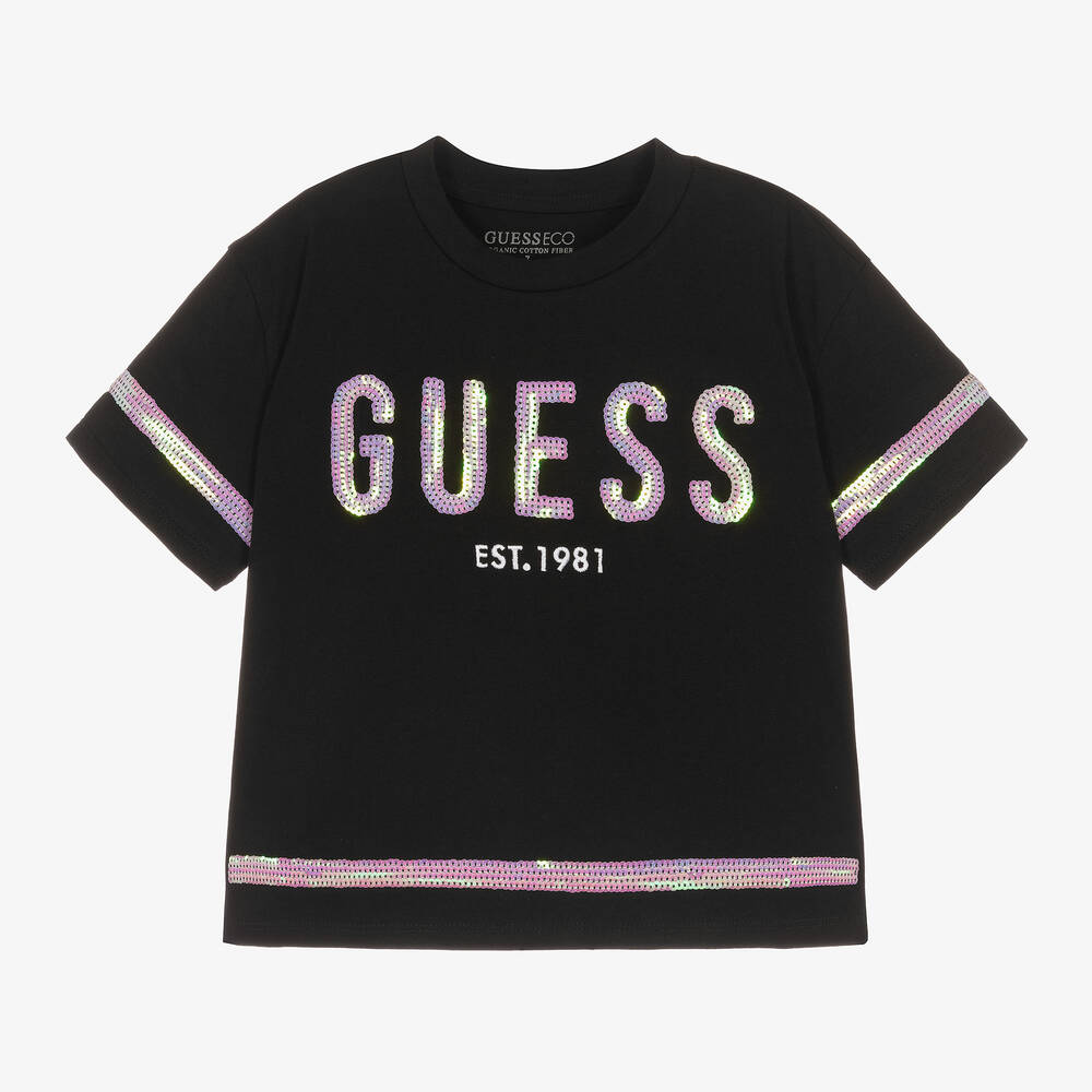 Guess - Junior Girls Black Cotton Sequin T-Shirt | Childrensalon