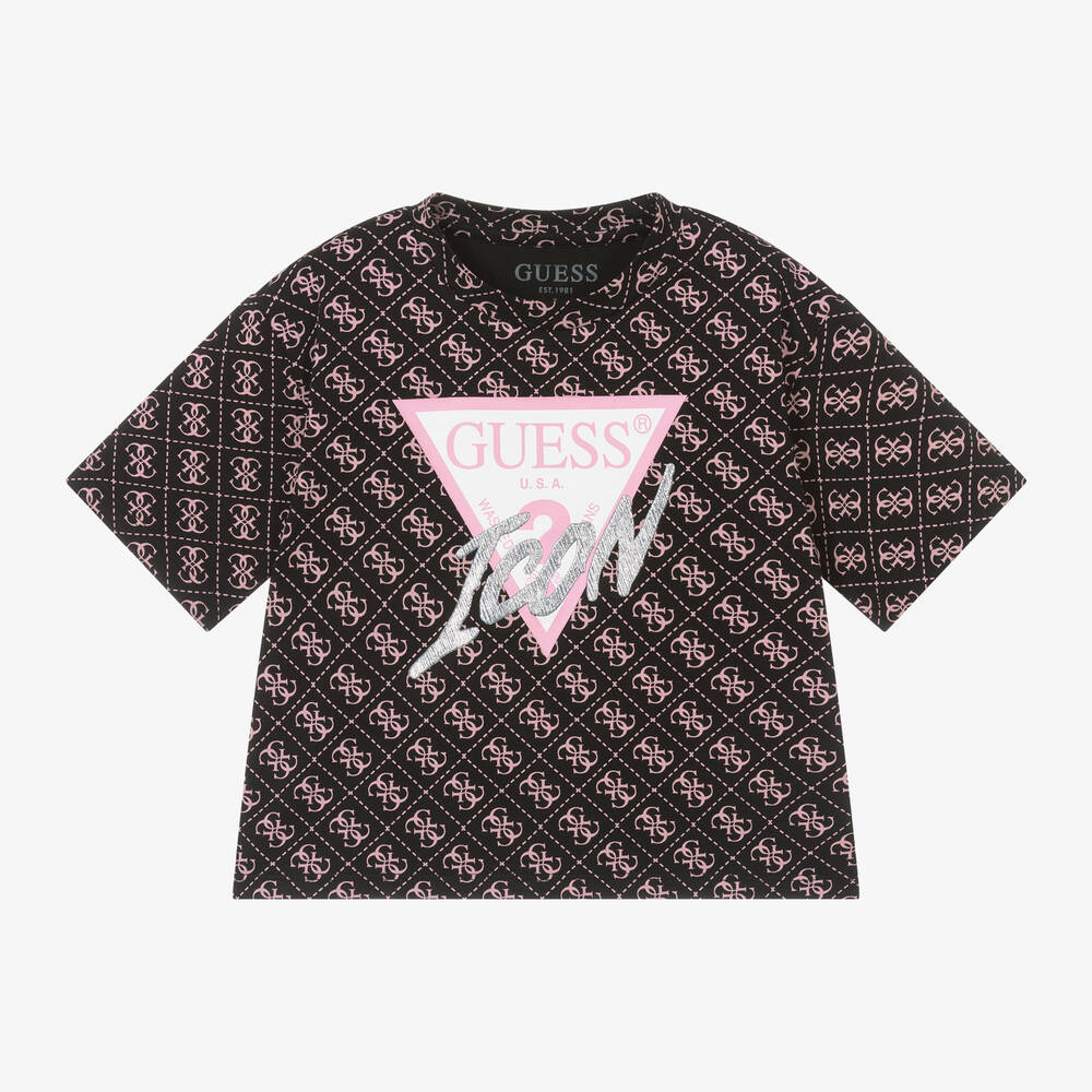 Guess - Черно-розовая футболка из хлопка для девочек | Childrensalon