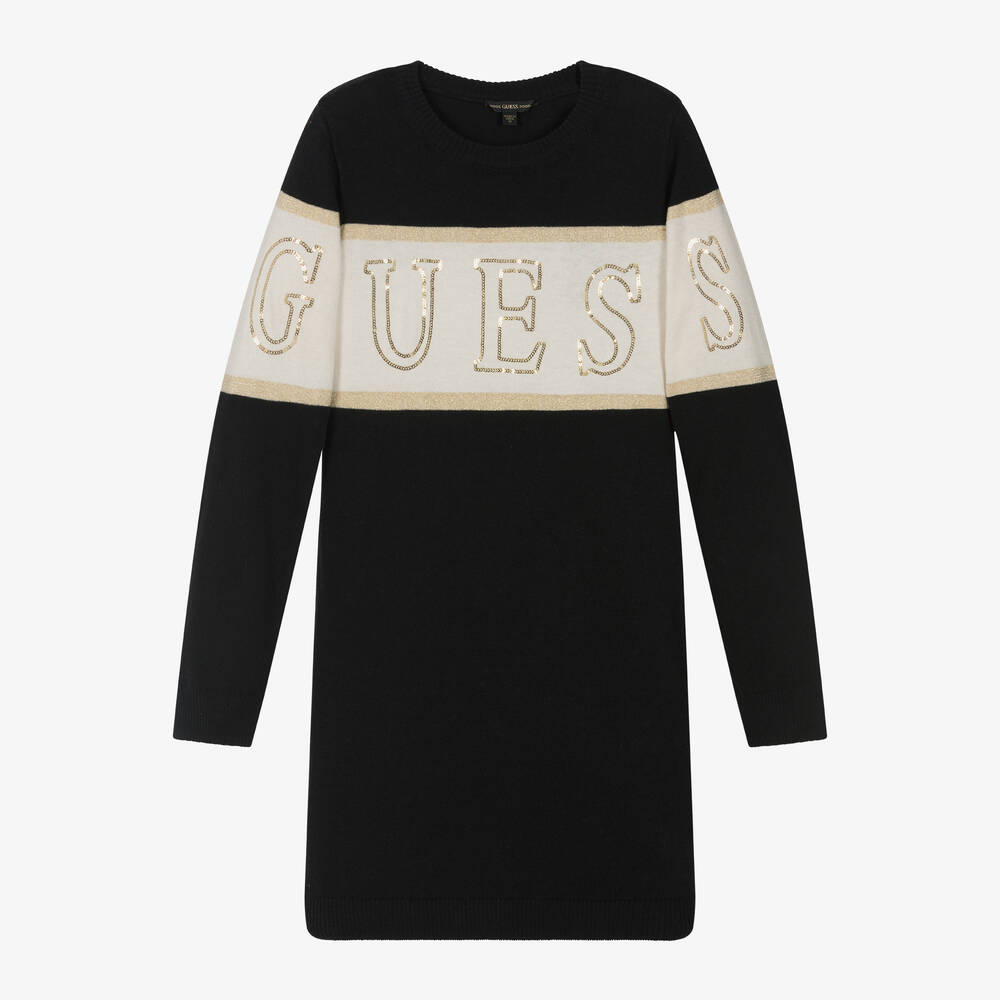 Guess - Junior Girls Black Sequin Logo Jumper Dress | Childrensalon