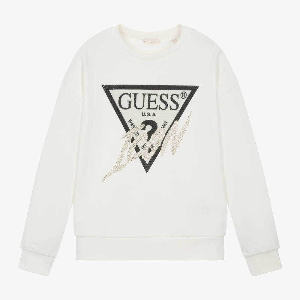 Guess - Junior Girls Ivory Cotton Diamanté Sweatshirt | Childrensalon