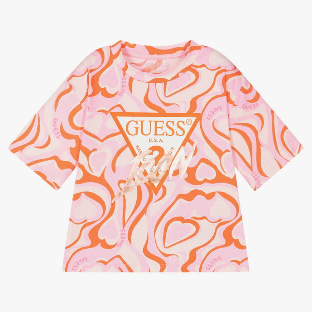 Guess - Junior Girls Pink Cotton Heart T-Shirt | Childrensalon