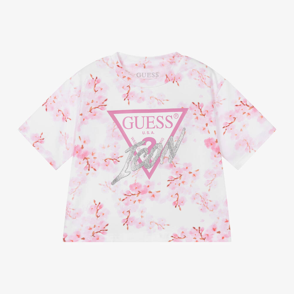 Guess - T-shirt rose et blanc en coton fille | Childrensalon