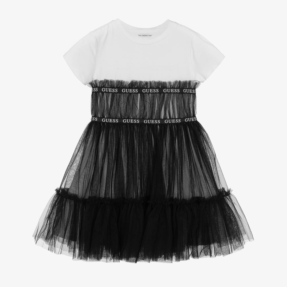 Guess - Junior Girls White & Black Cotton Dress | Childrensalon