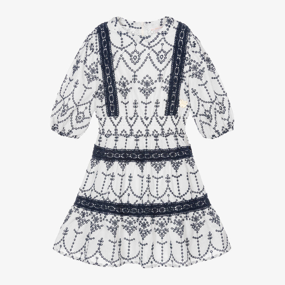 Guess - Junior Girls White & Blue Cotton Broderie Dress | Childrensalon