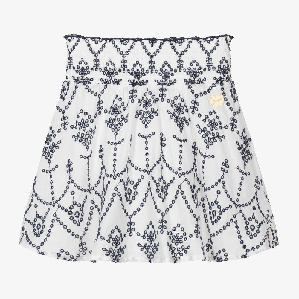 Guess - Junior Girls White & Blue Cotton Broderie Skirt | Childrensalon