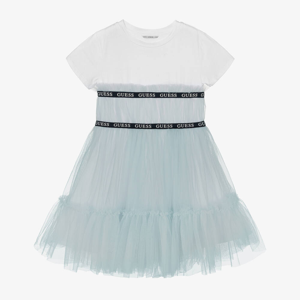 Guess - Бело-голубое платье из хлопка для девочек | Childrensalon
