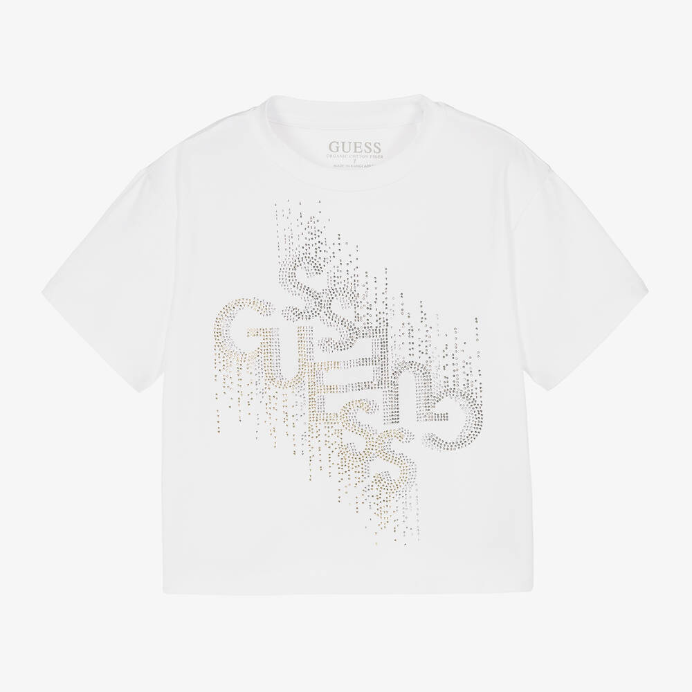 Guess - Junior Girls White Cotton Diamanté T-Shirt | Childrensalon