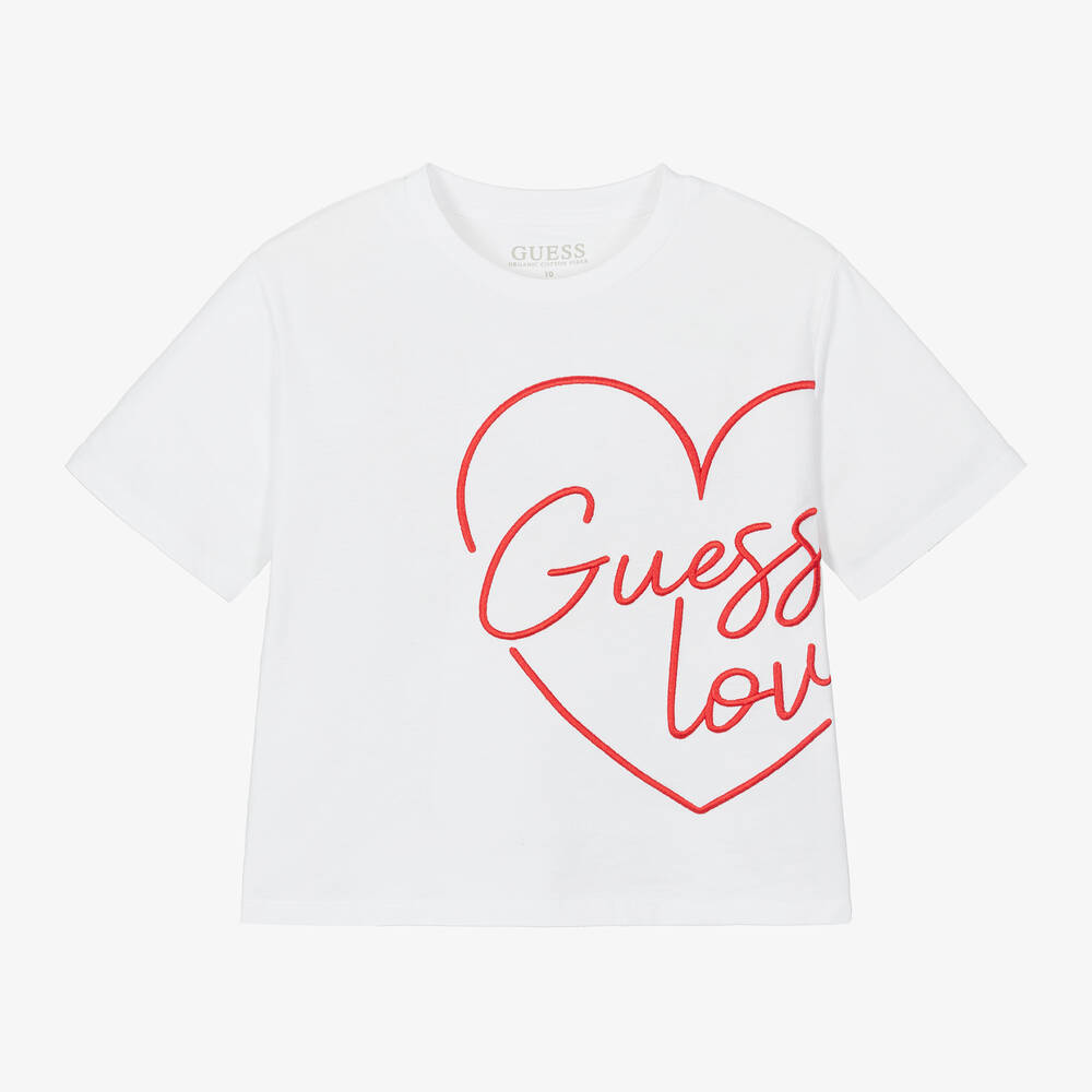 Guess - Junior Girls White Cotton Heart T-Shirt | Childrensalon