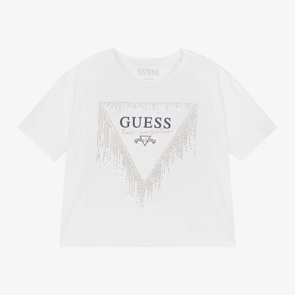 Guess - Junior Girls White Cotton Sparkly T-Shirt | Childrensalon
