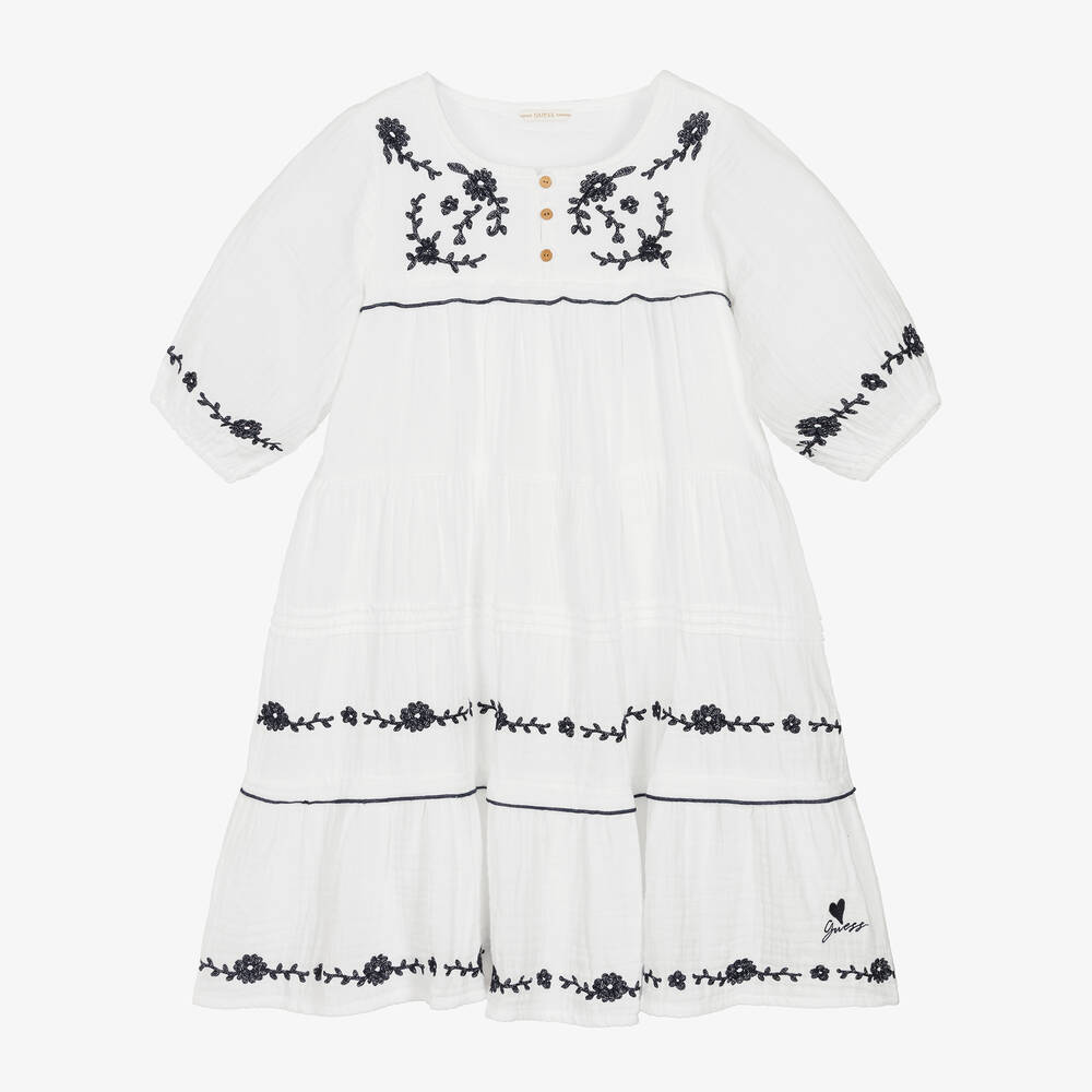 Guess - Junior Girls White Embroidered Cotton Dress | Childrensalon