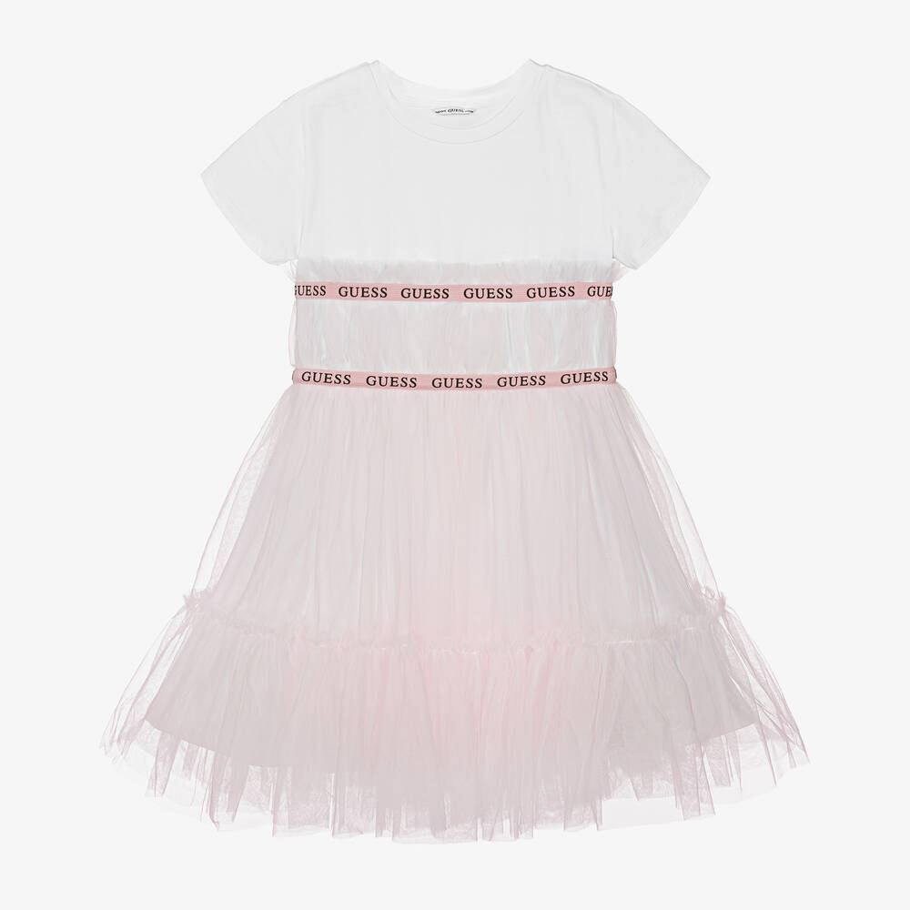 Guess - فستان قطن جيرسي لون أبيض وزهري فاتح | Childrensalon
