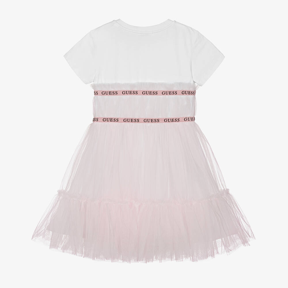 Guess - Junior Girls White & Pink Cotton Dress | Childrensalon